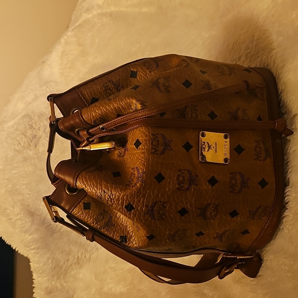 MCM Tan Leather Cognac Monogram Bucket Bag